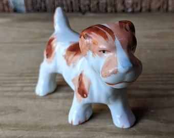 Vintage Mid Century Miniature Ceramic Dog Figurine, Brown and White, Gift for Dog Lover, Made in Japan, 1960s