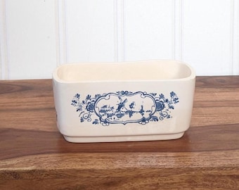 Maceta vintage de cerámica azul de Delft con molino de viento azul y blanco y flores, arte popular holandés, Holland Ceramics