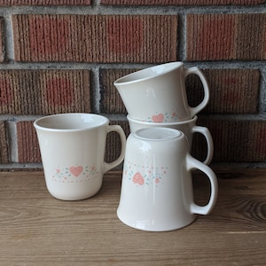 Corning USA Set of 4 Coffee Mugs, Forever Yours, Pink Hearts and Flowers, Country Farmhouse Mugs, Ceramic, 1980s