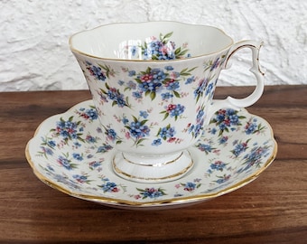 Royal Albert Teacup and Saucer, Nell Gwynne Series - Covent Garden, White with Blue Floral, Gainsborough Shape, English Bone China, 1980s