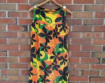 Vestido vintage floral naranja, amarillo, verde y negro, vestido veraniego de mediados de siglo, talla pequeña-mediana, años 60