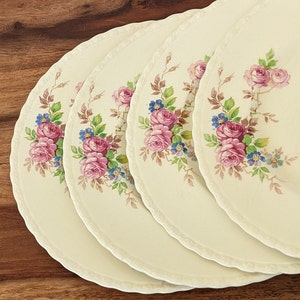 Vintage Set of 4 Myott Rimmed Ironstone Dinner Plates, June Roses Pattern, Staffordshire England, 1940s