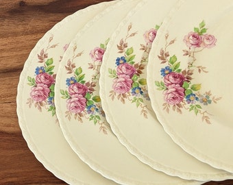 Vintage Set of 4 Myott Rimmed Ironstone Dinner Plates, June Roses Pattern, Staffordshire England, 1940s