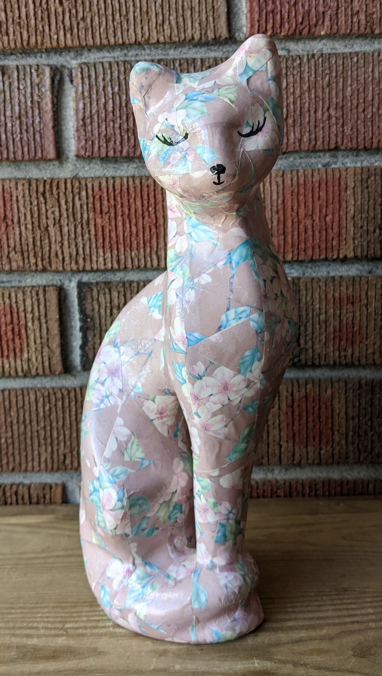 Vintage Tall Decoupage Ceramic Cat Figurine Pink and Teal Etsy