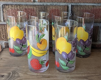 Vintage French Glass Juice Pitcher 6 Glasses, Colourful Fruit With Frosted  Glass, Summer Kitchen, 1980s 