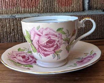 Aynsley Teacup and Sauer, Pastel Peach with Pink Cabbage Rose and Gilding, English Bone China, 1940-60