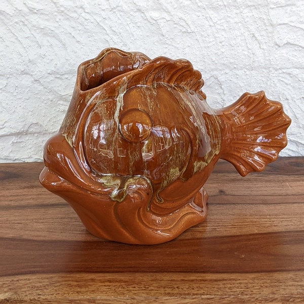 Vintage Fish Planter, Brown Drip Glaze Ceramics, Boho Coastal Decor, Made in Canada, 1970s