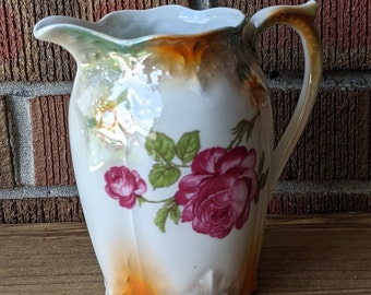 Antique Bavaria Water Jug/pitcher, Fuschia Roses With Orange Green
