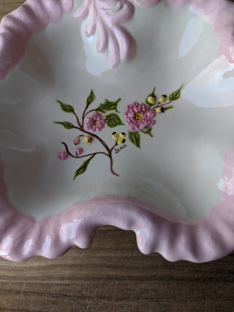1980s Pink Floral Country Farmhouse Decor Shabby Chic Vintage Hand Painted CandyTrinketDecorative Ceramic Dish