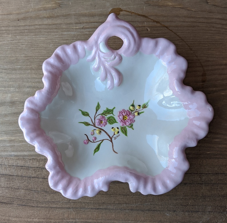 1980s Pink Floral Country Farmhouse Decor Shabby Chic Vintage Hand Painted CandyTrinketDecorative Ceramic Dish