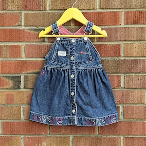 18M Vintage Oshkosh Blue Denim Overall Dress, Floral Pink Lining