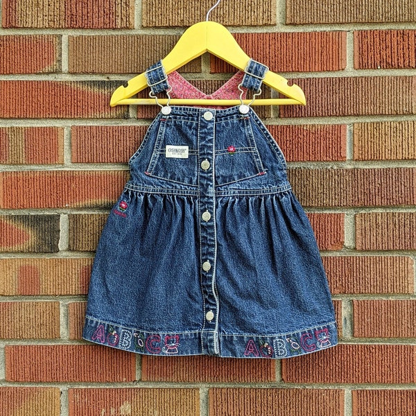 18M Vintage OshKosh Blue Denim Overall Dress, Floral Pink Lining with Embroidered Flowers and ABC with Cat, 100% Cotton, Y2K Early 2000s