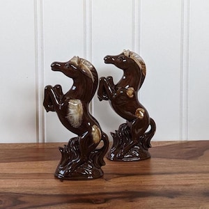 Pair of Vintage Horse Figurines, Brown Ceramic Horses, Made in Japan, Farmhouse Decor, Approx. 8.2&quot; Tall