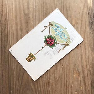 Antieke Draai van de Eeuw Verjaardagskaart/Prentbriefkaart, Een Vrolijke Verjaardag, Rode Bloemen, Efemere, 1920