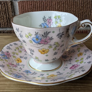 EB Foley Teacup and Saucer, Pastel Pink Floral Chintz with Gilding, V2181, English Bone China, 1948-63