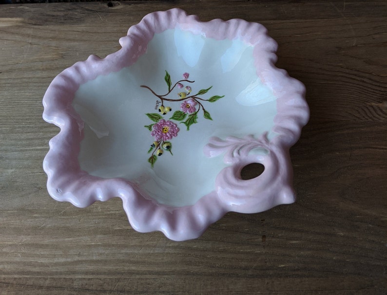 1980s Pink Floral Country Farmhouse Decor Shabby Chic Vintage Hand Painted CandyTrinketDecorative Ceramic Dish