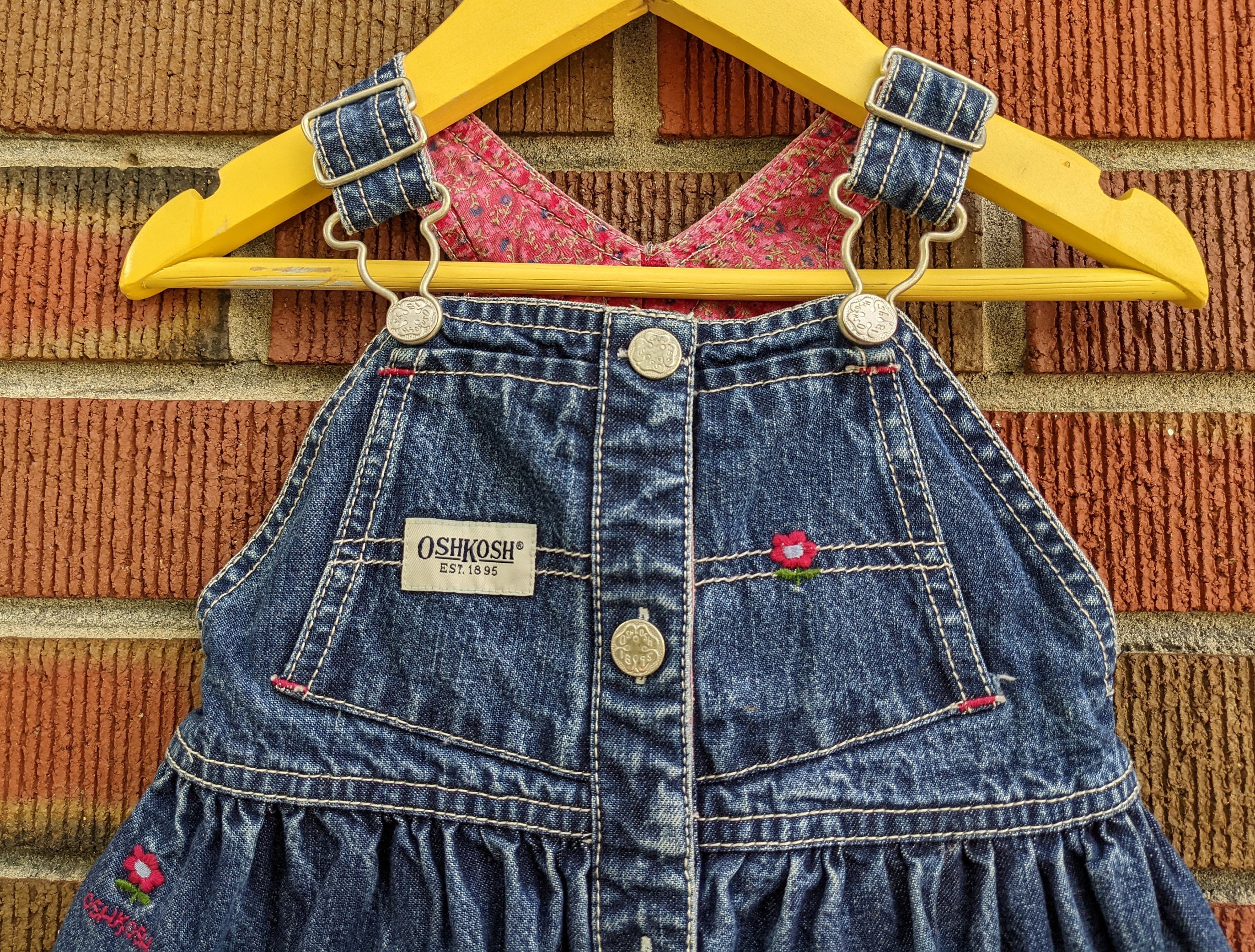 18M Vintage Oshkosh Blue Denim Overall Dress, Floral Pink Lining