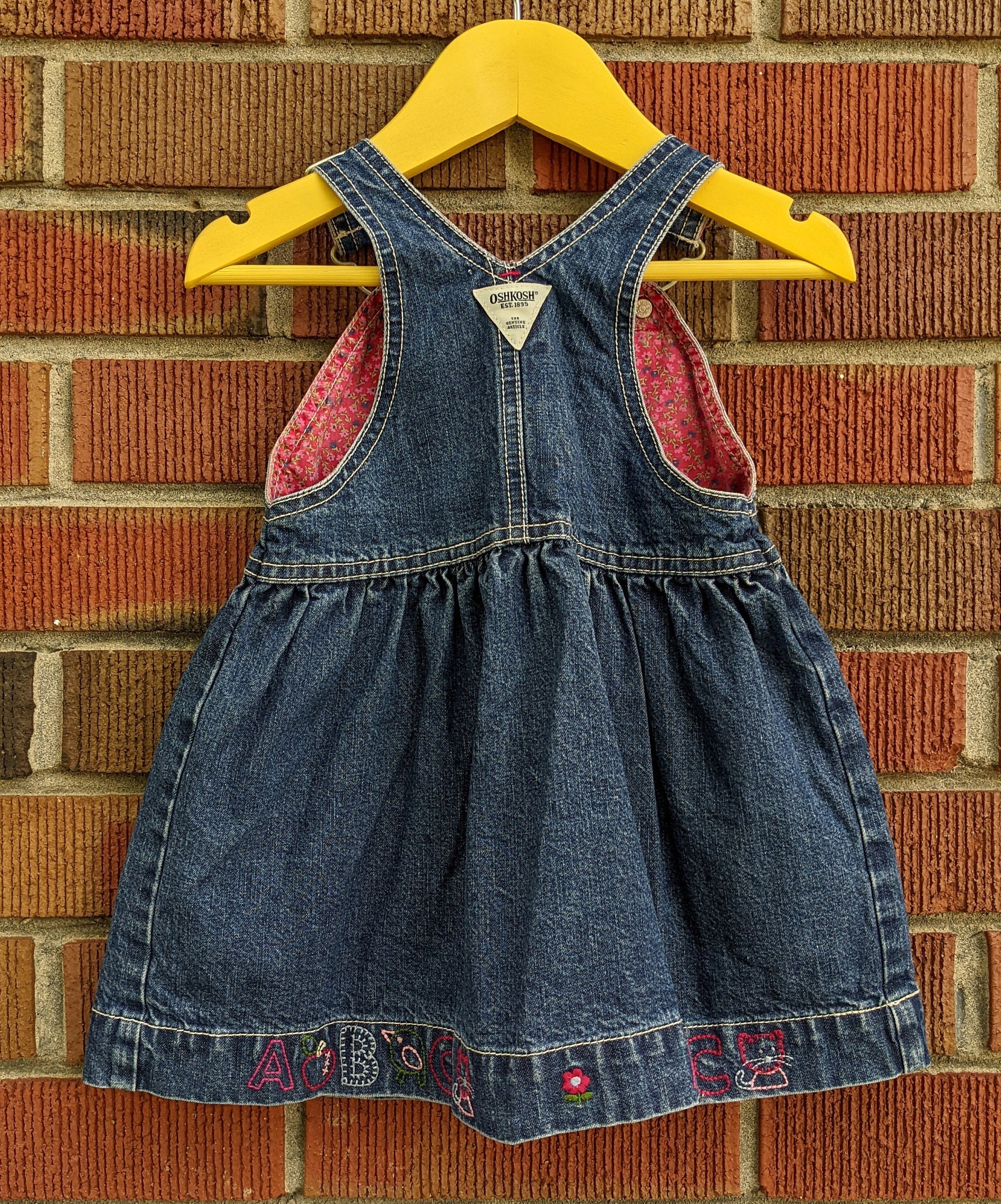 18M Vintage Oshkosh Blue Denim Overall Dress, Floral Pink Lining