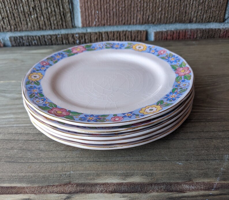 1950s Made in England Mid Century Plates Petalware Grindley England Peach Petal with Floral Border and Gilding Set of 5 Side Plates