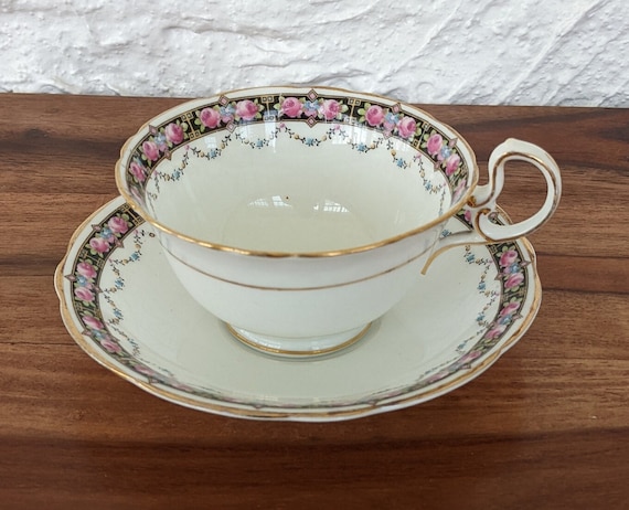 Aynsley Teacup and Saucer White With Petite Roses and Geometric Border With Gilding English Bone China 1920 30s Etsy