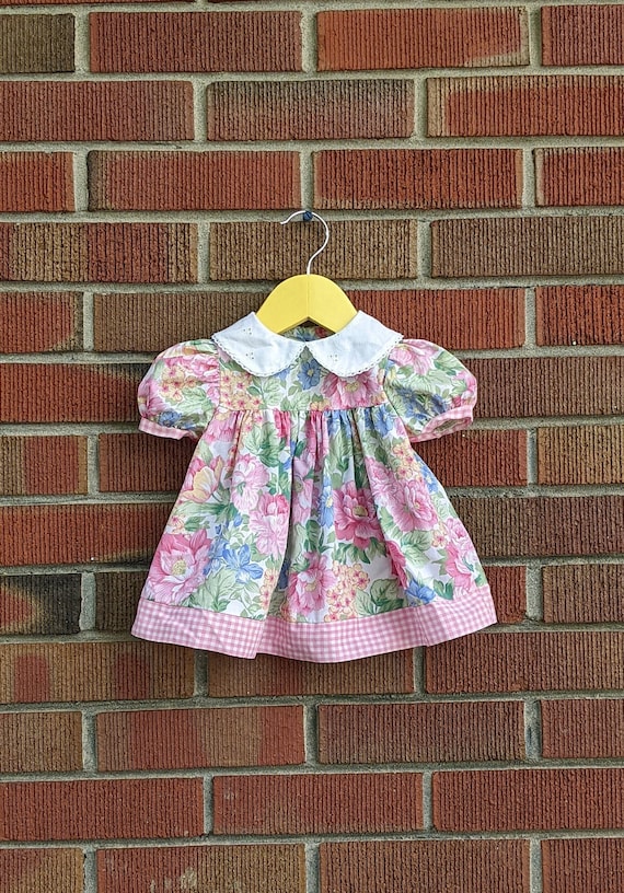 6-9M Vintage Baby Doll Dress, Pink, Blue and Yello