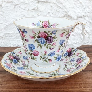 Royal Albert Teacup and Saucer, Nell Gwynne Series - Mayfair, Pink, Blue and Purple Florals, Gainsborough Shape, English Bone China, 1980s