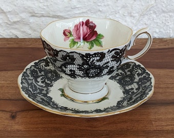 Royal Albert Teacup and Saucer, Senorita, Black Lace with Red Roses and Gilding, Malvern Shape, English Bone China, 1950s