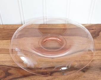 Vintage Pink Depression Glass Waterfall Rolled Edge Console Bowl with Etched Flowers, 1930-40s