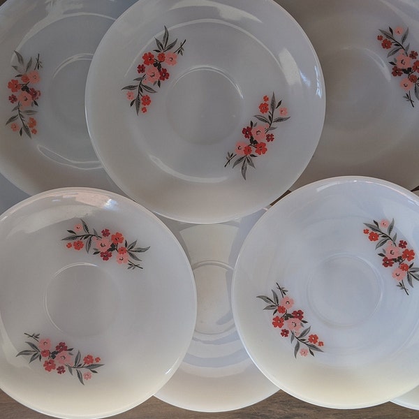 Vintage Fire King Set of 8 Saucers, Primrose Pattern, Milk Glass Pink and Red Flowers, Retro Floral Dessert Plates, Anchor Hocking, 1950s