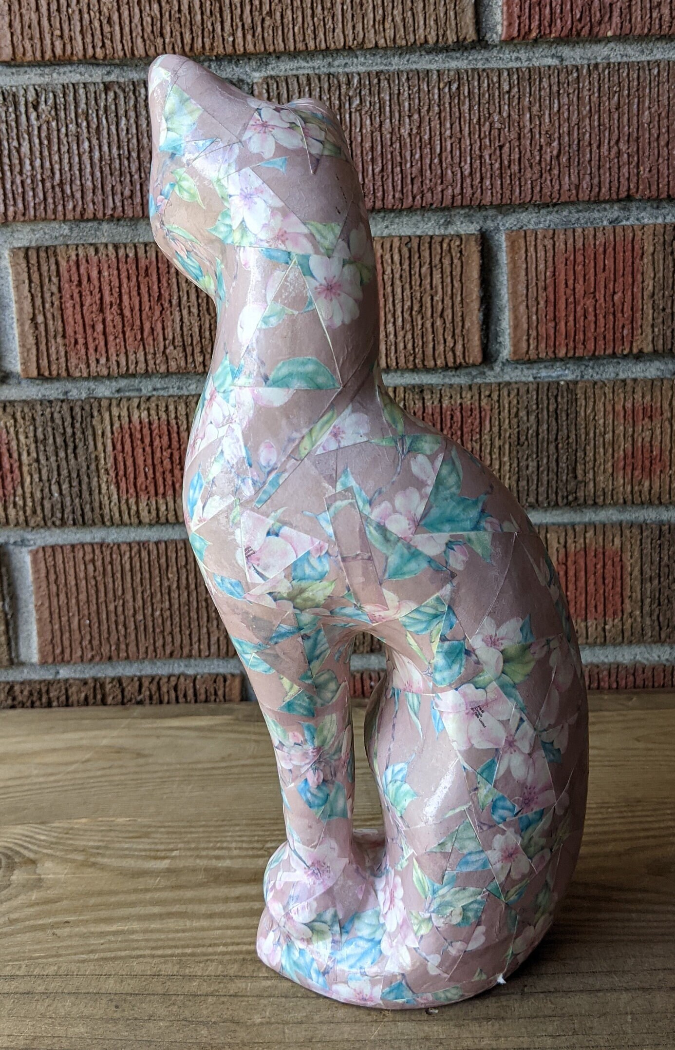 Vintage Tall Decoupage Ceramic Cat Figurine Pink and Teal Etsy