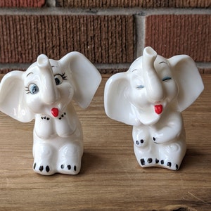 Vintage Pair of Happy Elephant Salt and Pepper Shakers, Mid Century Anthropomorphic Salt and Pepper, White Elephant Shakers, Approx. 1960s