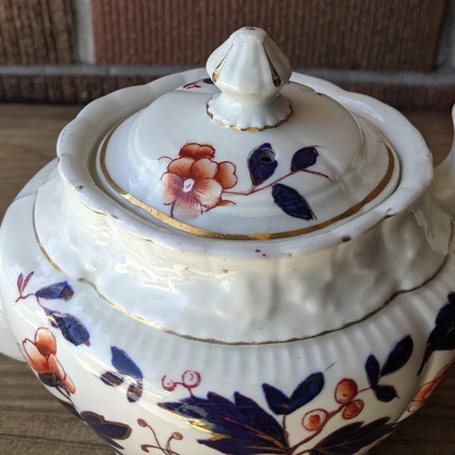 Antique Victorian Era Ceramic Burslem New Wharf Pottery Co Teapot, Wolseley Pattern - Orange shops Flowers with Blue Leaves, England, 1878-94