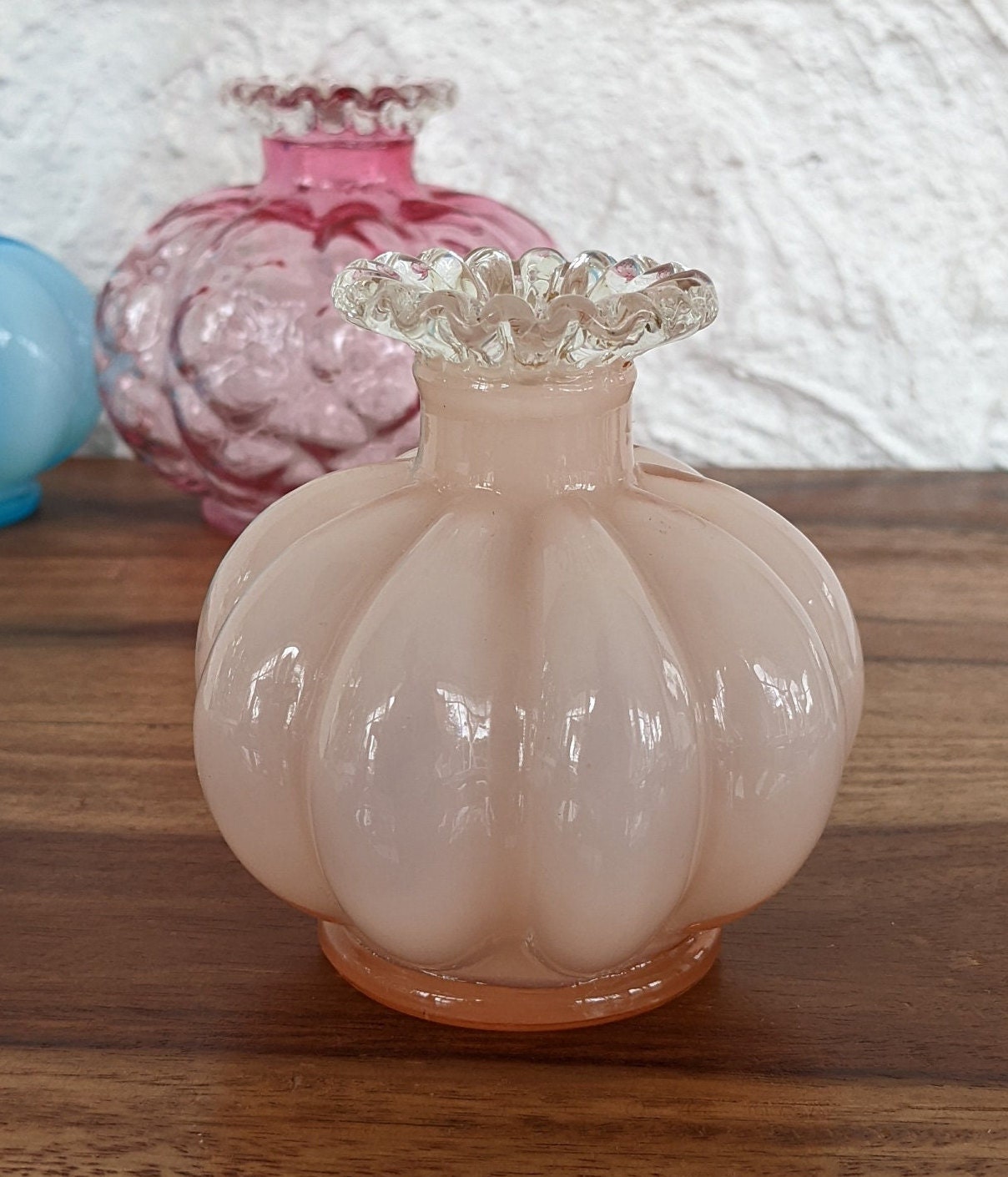 Vintage Trio of Fenton Melon Glass Vases/perfume Bottles