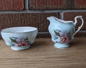 Paragon Creamer and Open Sugar Bowl, Pastel Blue with Pink Flowers and Gilding, Tea Setting, English Fine Bone China, 1960s