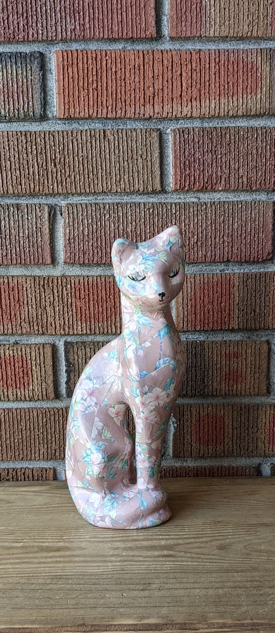 Vintage Tall Decoupage Ceramic Cat Figurine Pink and Teal Etsy