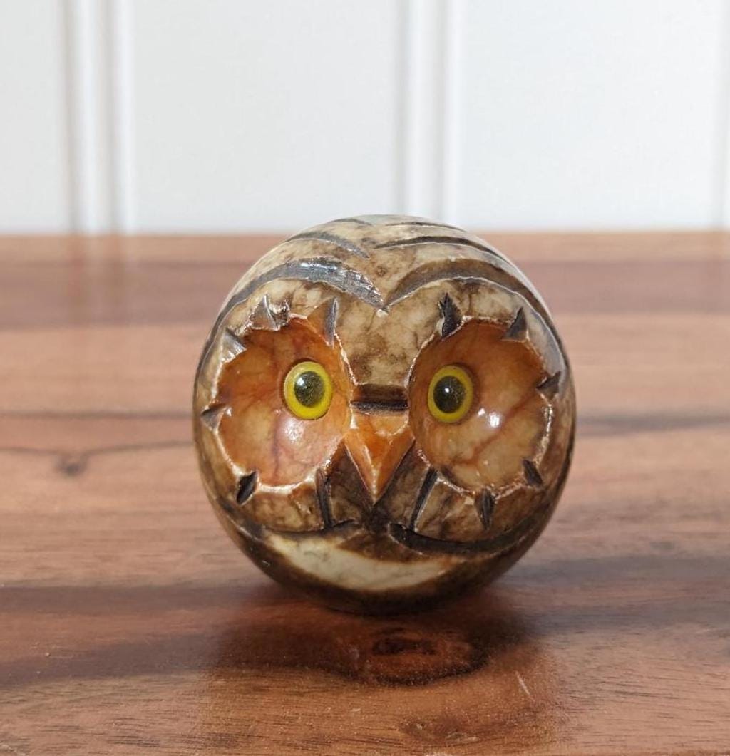 Mid Century Alabaster Round Carved Owl Paperweight, Hand Carved, Likely 1960s