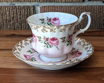 Royal Albert Teacup and Saucer, Bridesmaid, Pink and Gold Teacup with Roses, Montrose Shape, English Bone China