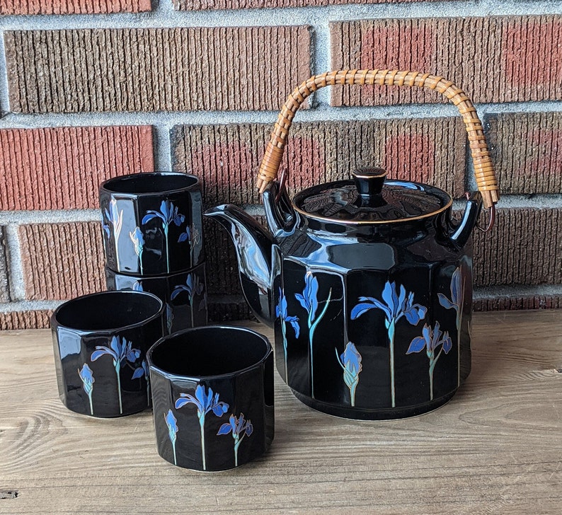 Vintage Otagiri Japan Blue Iris Tea Set Teapot with 4 Cups Etsy