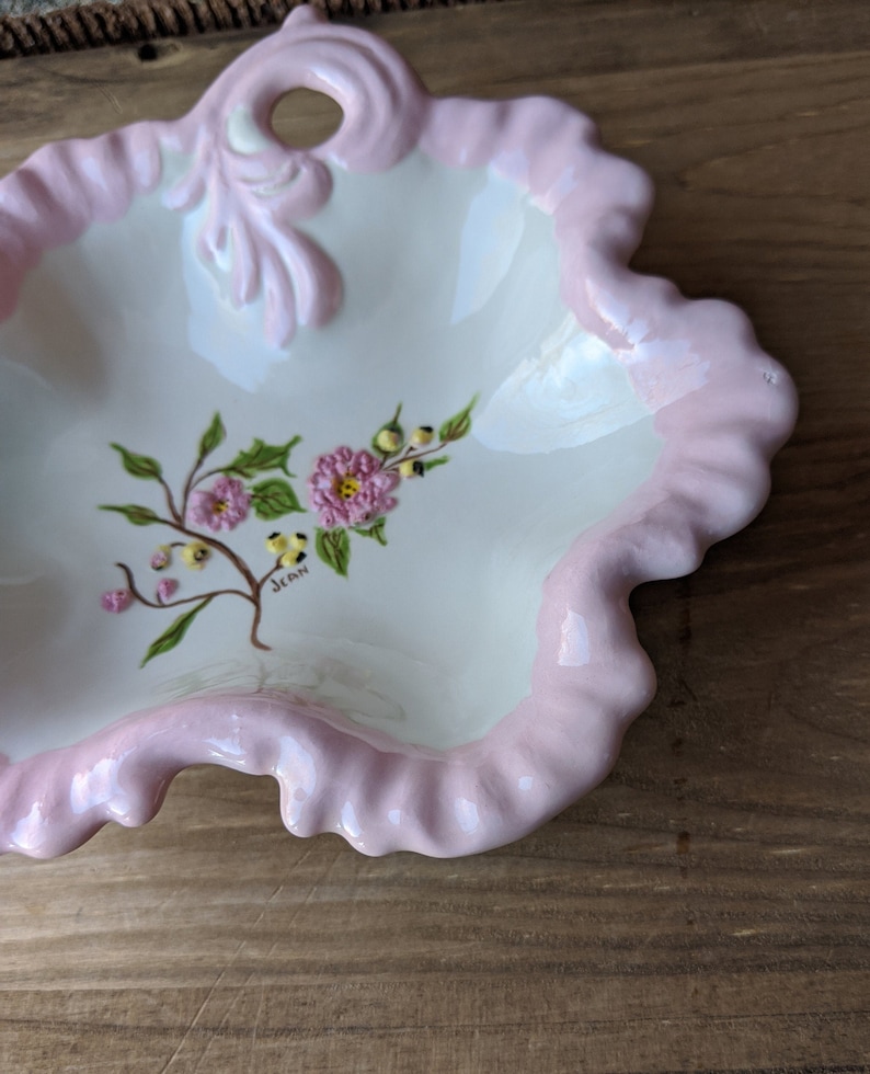 1980s Pink Floral Country Farmhouse Decor Shabby Chic Vintage Hand Painted CandyTrinketDecorative Ceramic Dish