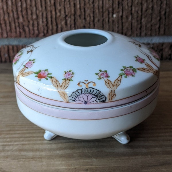 Antique Hand Painted Nippon Hair Receiver, Light Pink Roses with Gold, Three Footed, Rising Sun Nippon, Porcelain, Early 1900s