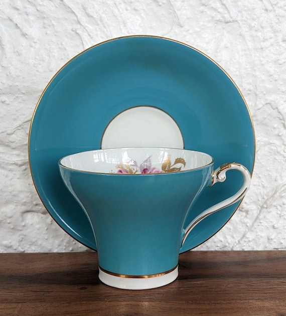 Aynsley Teacup and Saucer, Blue With Pink Roses and Gilding