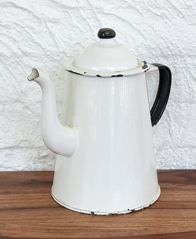 Enamel Cowboy Coffee Pot Vintage 10.5 Kettle White w/Black Trim/Handle, No  Lid