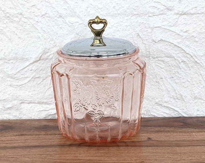Vintage Anchor Hocking Pink Depression Glass Cookie Jar With Metal Lid