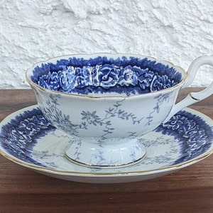 Coalport Teacup and Saucer, Delamere Pattern, Blue Floral Pattern and Gilding, Wide Mouth Teacup, English Bone China, 1950s