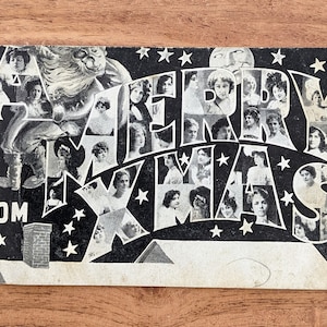 Carte postale de Noël antique / carte de vœux, noir et blanc - « Un joyeux Noël », Stars and Moon with Gibson Girls, début des années 1900