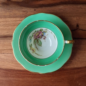 EB Foley Teacup and Saucer, Green with Hand Painted Flowers, Artist Signed A. Taylor, English Bone China, 1948-63
