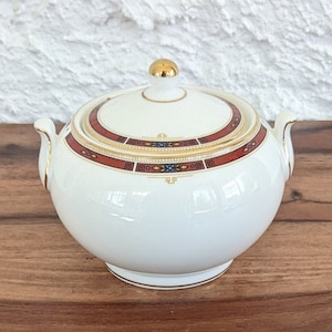 Wedgwood Lidded Sugar Bowl, Colorado Pattern, Red, White and Gold, English Bone China, 1980s