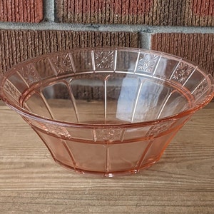 Pink Depression Glass Serving Bowl, Doric and Pansy Pattern by Jeannette Glass, Collectible, 3.5&quot; Height and 8.25&quot; Diameter, 1930s