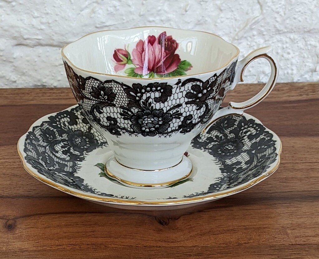 Royal Albert Teacup and Saucer, Senorita, Black Lace With Royal Albert Teacup and Saucer, Senorita, Black Lace With