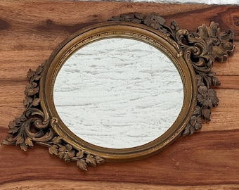 Mid Century Syroco Mirror, Intricate Wood Floral with Round Mirror, Art Nouveau Style, 1960s